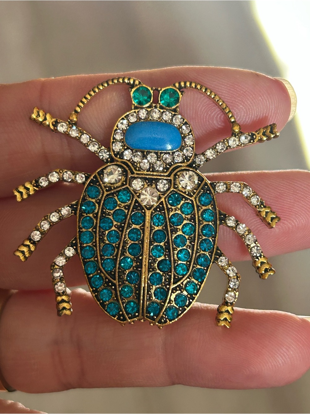 4/$100 Gold-Tone Teal Crystal Beetle Brooch - Designer Style